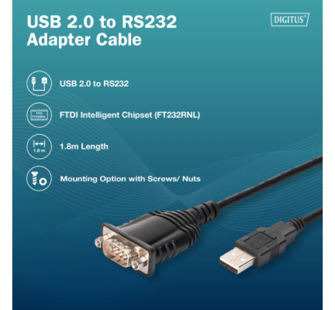 Digitus Кабель для передачі даних USB 2.0 AM to COM 1.8m DB9 RS232 FT232RNL black Digitus (DA-70172)