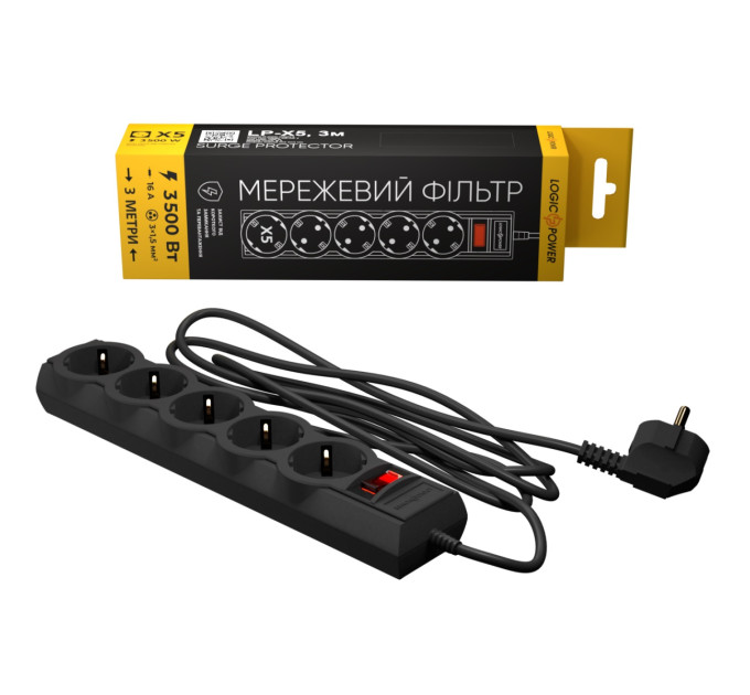 LogicPower Фільтр живлення LogicPower 5 розеток 3м LP-X5 Premium Black (LP9584)