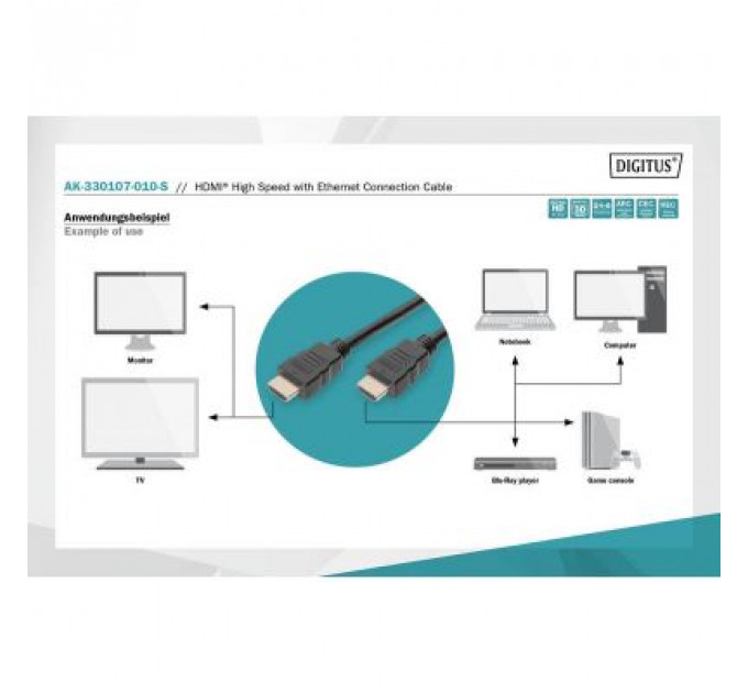 Кабель мультимедійний HDMI to HDMI 1.0m UHD 4K Digitus (AK-330107-010-S)