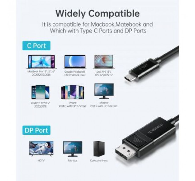 Кабель мультимедійний USB-C to DisplayPort 1.8m 8K 30Hz Choetech (XCP-1803-BK)