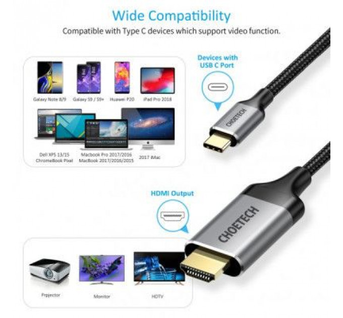 Кабель мультимедійний USB-C to HDMI 1.8m 4K 60Hz Choetech (CH0021-BK)