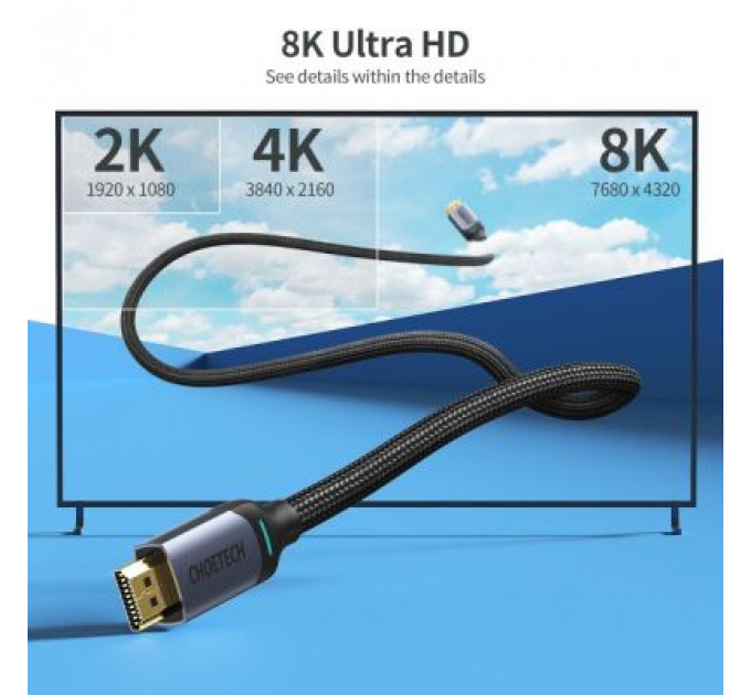 Кабель мультимедійний HDMI to HDMI 2.0m V.2.1 8K 60Hz HDR10 HLG 48Gbps YUV 444 Choetech (XHH01-BK)