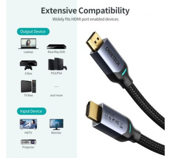 Кабель мультимедійний HDMI to HDMI 2.0m V.2.1 8K 60Hz HDR10 HLG 48Gbps YUV 444 Choetech (XHH01-BK)