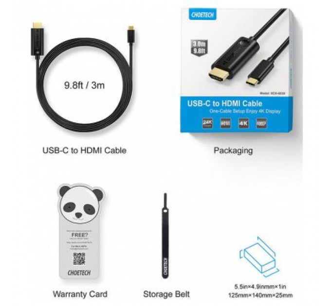Кабель мультимедійний USB-C to HDMI 3.0m USB 3.1 Thunderbolt 3 Choetech (XCH-0030)