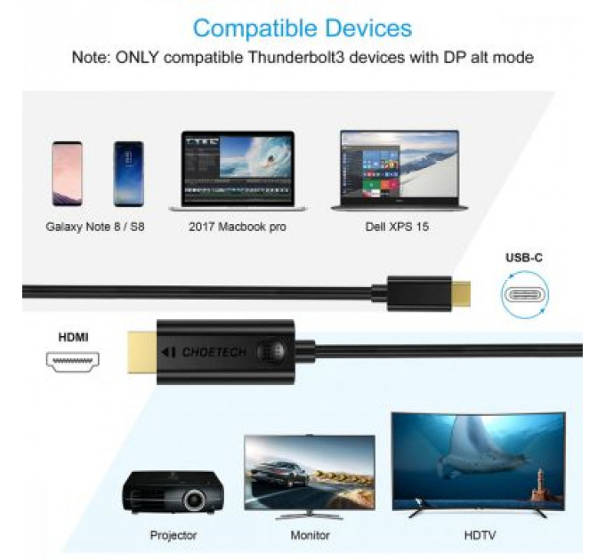 Кабель мультимедійний USB-C to HDMI 3.0m USB 3.1 Thunderbolt 3 Choetech (XCH-0030)