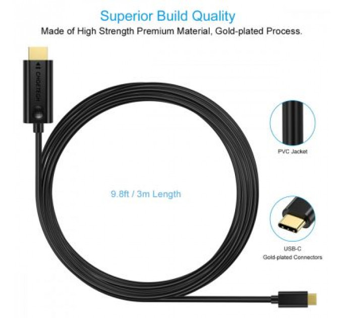 Кабель мультимедійний USB-C to HDMI 3.0m USB 3.1 Thunderbolt 3 Choetech (XCH-0030)