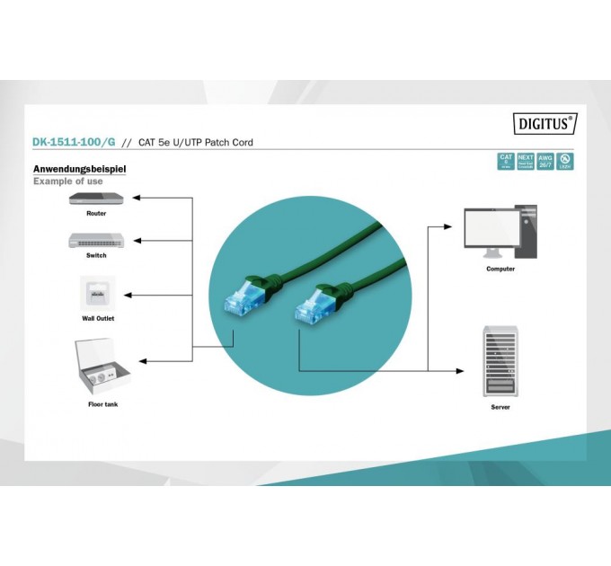 Патч-корд CAT 5e U-UTP, Cu, PVC AWG 26/7, довжина 10 м, колір зелений DK-1511-100/G DIGITUS by ASSMANN