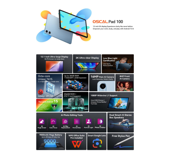 Oscal Планшет PAD100 GREY 12" 256GB OSCAL