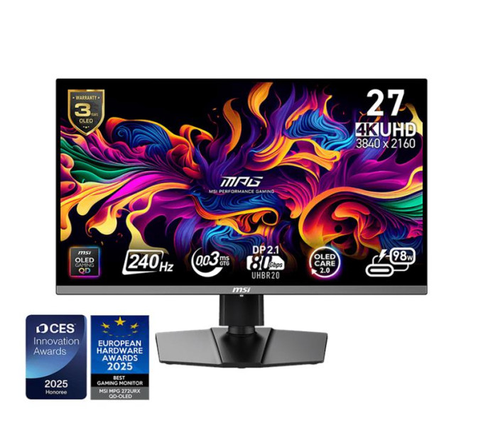 MSI monitors Монітор MSI 26.5" MPG 272URX QD-OLED 2xHDMI, DP, 2xUSB, USB-C, Audio, OLED, 3840x2160, 240Hz, 0.03ms, DCI-P3 99%, AdaptiveSync, Pivot, HDR400
