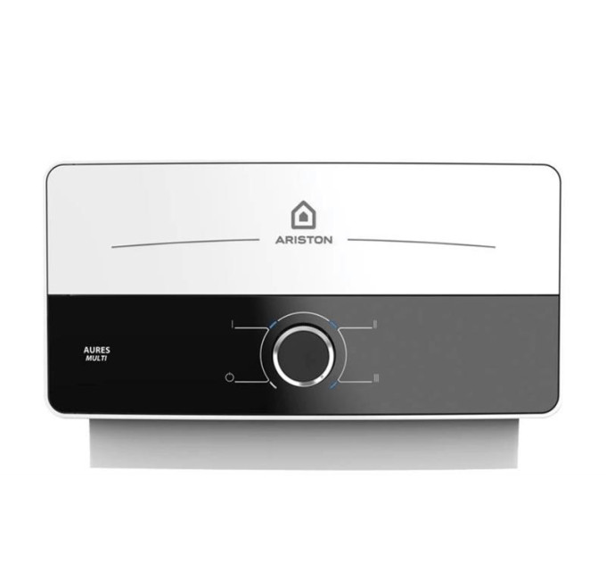 Ariston Climate Водонагрівач електр. Ariston AURES M 7 EU проточний, 5л.хв, 7кВт, гор-ний монтаж, мех. кер-ння, A, біло-чорний