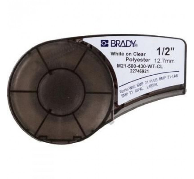 Стрічка для принтера етикеток Brady поліестер, 12.7mm/6.4m. білий на прозорому (M21-500-430-WT-CL)