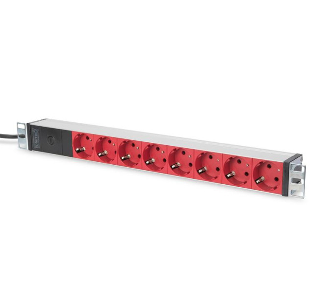 DIGITUS SCS Пристрій розподілу електроживлення DIGITUS 1U, 8xSchuko red, 10A, 250V, запобіжник, вилка C14