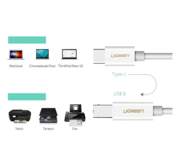 Ugreen Кабель для принтера Ugreen USB-C 2.0 to BM 1.5m white (40417)
