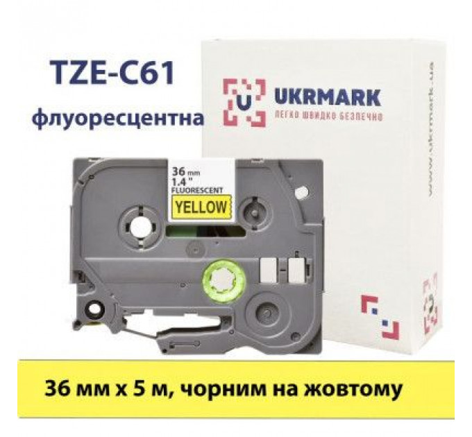 Стрічка для принтера етикеток UKRMARK B-Fc-TC61P-BK/YE, аналог TZeC61, флуорисцентна, 36 мм х 8 м, black on yellow (900786)