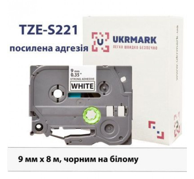 Стрічка для принтера етикеток UKRMARK B-S-T221P, надклейка, 9мм х 8м, black on white, аналог TZeS221 (900605)