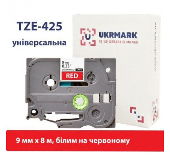 Стрічка для принтера етикеток UKRMARK B-T425P, ламінована, 9мм х 8м, white on red, аналог TZe425 (900555)