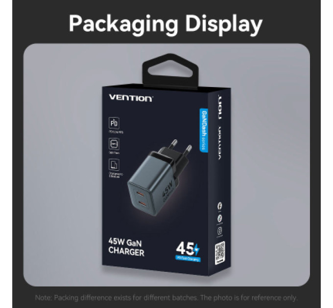 Vention Зарядний пристрій VENTION 2-Port USB (C + C) GaN Charger (45W/45W) EU-Plug Gray (FCDH0-EU)