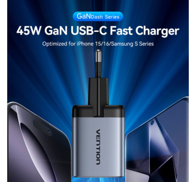 Vention Зарядний пристрій VENTION 2-Port USB (C + C) GaN Charger (45W/45W) EU-Plug Transparent Gray (FCFH0-EU)