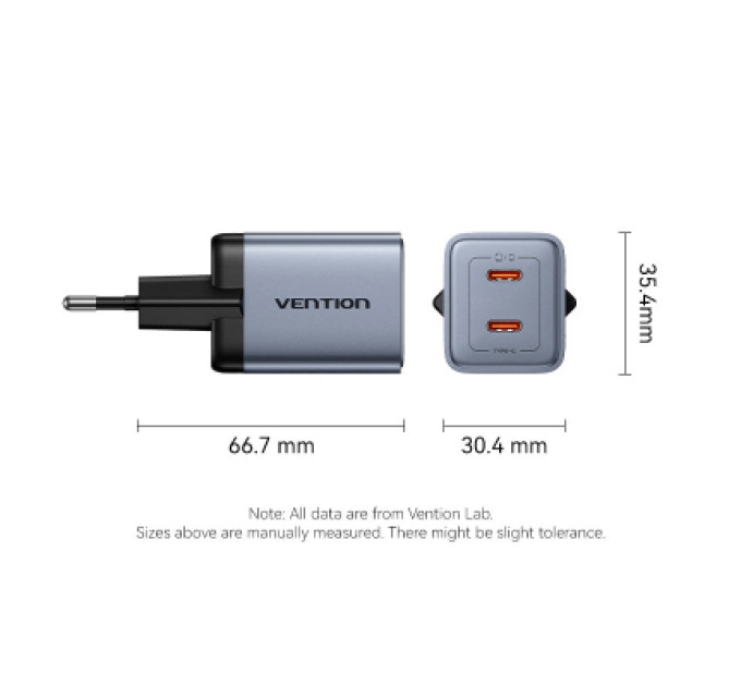 Vention Зарядний пристрій VENTION 2-Port USB (C + C) GaN Charger (45W/45W) EU-Plug Transparent Gray (FCFH0-EU)