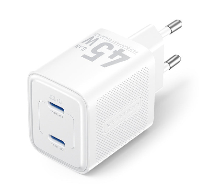 Vention Зарядний пристрій VENTION 2-Port USB (C + C) GaN Charger (45W/45W) EU-Plug Transparent White (FCFW0-EU)