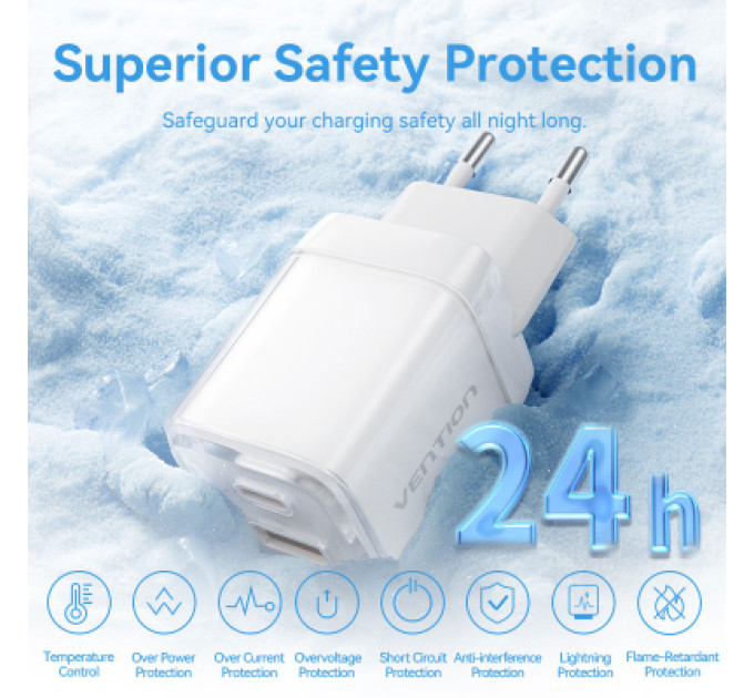 Vention Зарядний пристрій VENTION 2-Port USB (C + A) GaN Charger (70W/22.5W) EU-Plug Transparent Gray (FCGH0-EU)