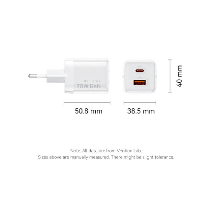 Vention Зарядний пристрій VENTION 2-Port USB (C + A) GaN Charger (70W/22.5W) EU-Plug Transparent Gray (FCGH0-EU)