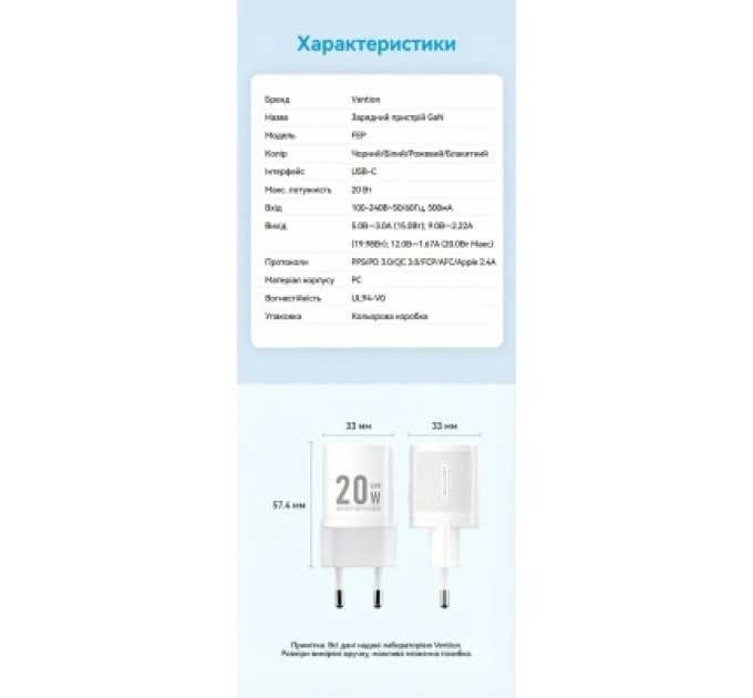Vention Зарядний пристрій VENTION 1-Port USB-C GaN Charger (20W) EU-Plug White (FEPW0-EU)