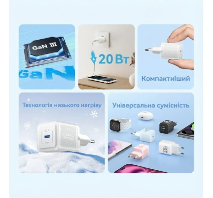 Vention Зарядний пристрій VENTION 1-Port USB-C GaN Charger (20W) EU-Plug White (FEPW0-EU)