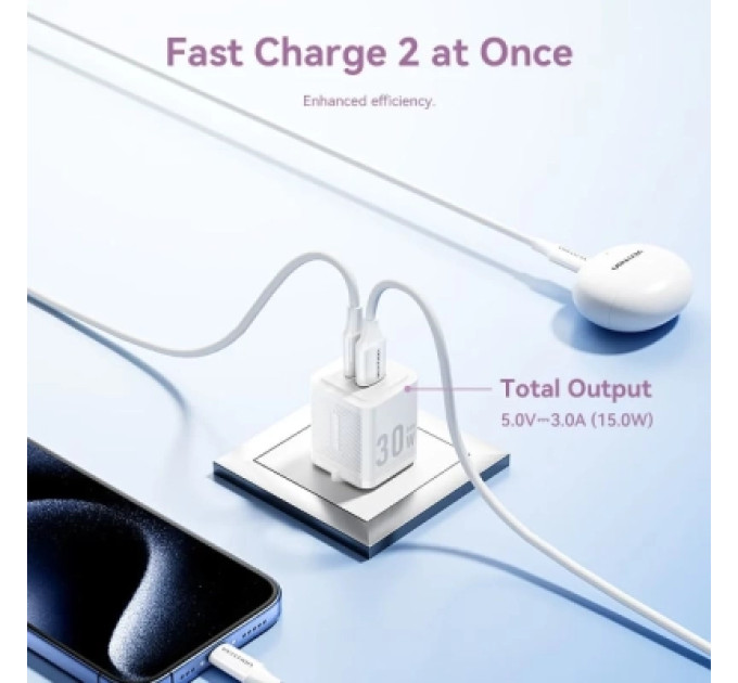 Vention Зарядний пристрій VENTION 2-Port USB (C + A) GaN Charger (30W/30W) EU-Plug Black (FEQB0-EU)