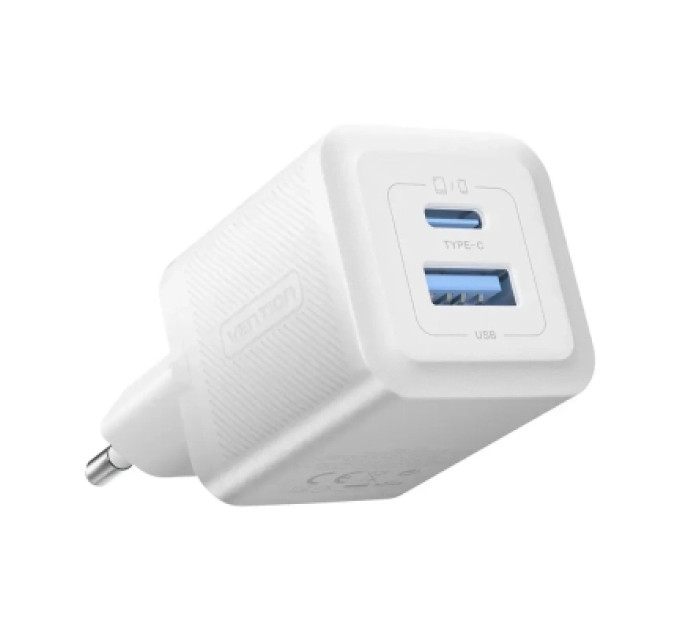 Vention Зарядний пристрій VENTION 2-Port USB (C + A) GaN Charger (30W/30W) EU-Plug White (FEQW0-EU)