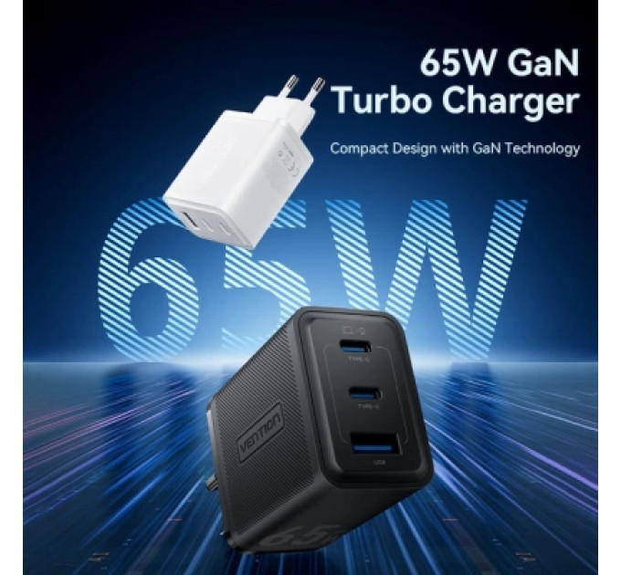 Vention Зарядний пристрій VENTION 3-Port USB (C + C + A) GaN Charger (65W/65W/60W) EU-Plug White (FERW0-EU)