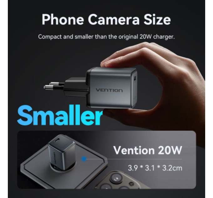 Vention Зарядний пристрій VENTION 1-Port USB-C GaN Charger (20W) EU-Plug Gray (FEVH0-EU)