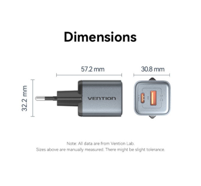Vention Зарядний пристрій VENTION 2-Port USB (C + A) GaN Charger (30W/18W) EU-Plug Gray (FEWH0-EU)