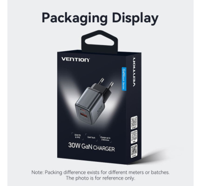 Vention Зарядний пристрій VENTION 2-Port USB (C + A) GaN Charger (30W/18W) EU-Plug Gray (FEWH0-EU)
