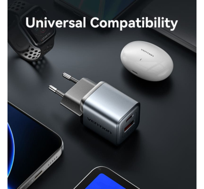Vention Зарядний пристрій VENTION 2-Port USB (C + A) GaN Charger (30W/18W) EU-Plug Gray (FEWH0-EU)