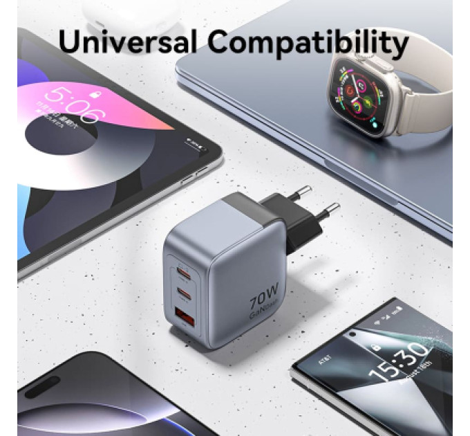 Vention Зарядний пристрій VENTION 3-Port USB (C+C+A) GaN Charger (70W/70W/22.5W) EU-Plug Gray (FEXH0-EU)