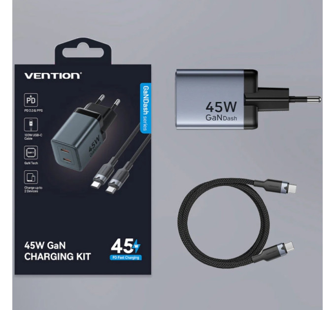 Vention Зарядний пристрій VENTION 2-Port USB (C + C) GaN Charger (45W/45W) Gray with USB-C to USB-C Cable (1M) Black EU-Plug (TZ-FCDH0-EU)