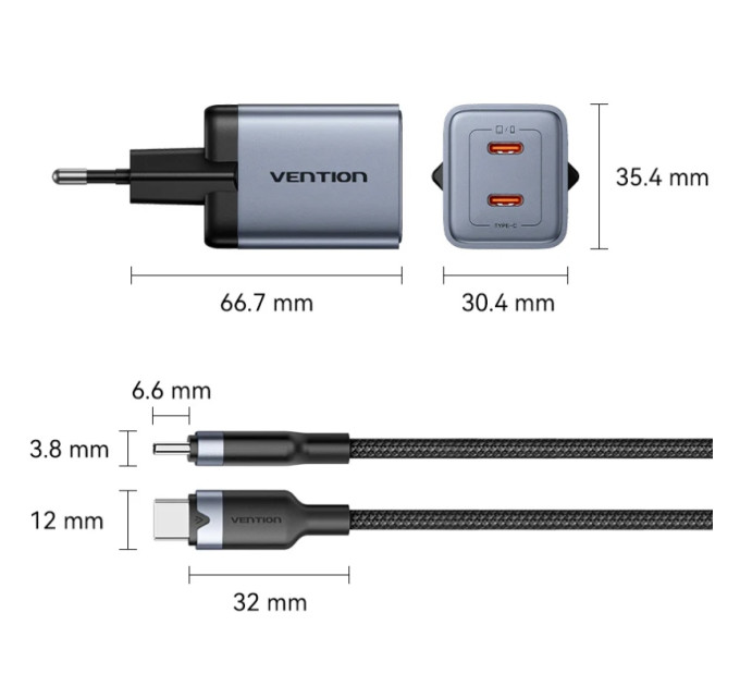 Vention Зарядний пристрій VENTION 2-Port USB (C + C) GaN Charger (45W/45W) Gray with USB-C to USB-C Cable (1M) Black EU-Plug (TZ-FCDH0-EU)