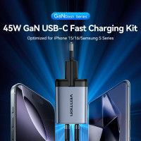 Зарядний пристрій VENTION 2-Port USB (C + C) GaN Charger (45W/45W) Gray with USB-C to USB-C Cable (1M) Black EU-Plug (TZ-FCDH0-EU)