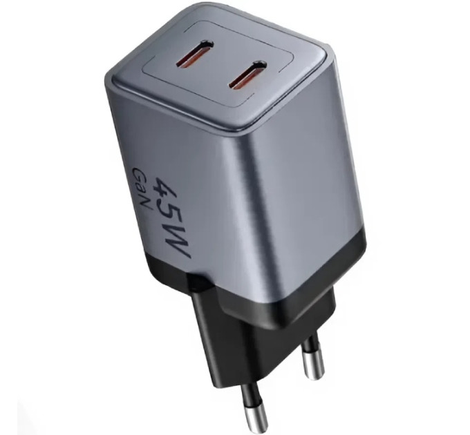 Vention Зарядний пристрій VENTION 2-Port USB (C + C) GaN Charger (45W/45W) Gray with USB-C to USB-C Cable (1M) Black EU-Plug (TZ-FCDH0-EU)