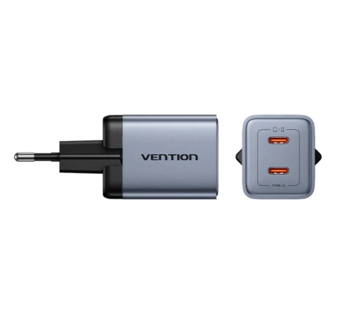 Vention Зарядний пристрій VENTION 2-Port USB (C + C) GaN Charger (45W/45W) Gray with USB-C to USB-C Cable (1M) Black EU-Plug (TZ-FCDH0-EU)