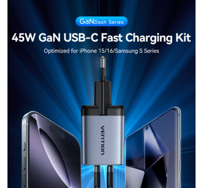 Vention Зарядний пристрій VENTION 2-Port USB (C + C) GaN Charger (45W/45W) with 5A USB-C to USB-C Cable (1M) EU-Plug Gray (TZ-FCFH0-EU)
