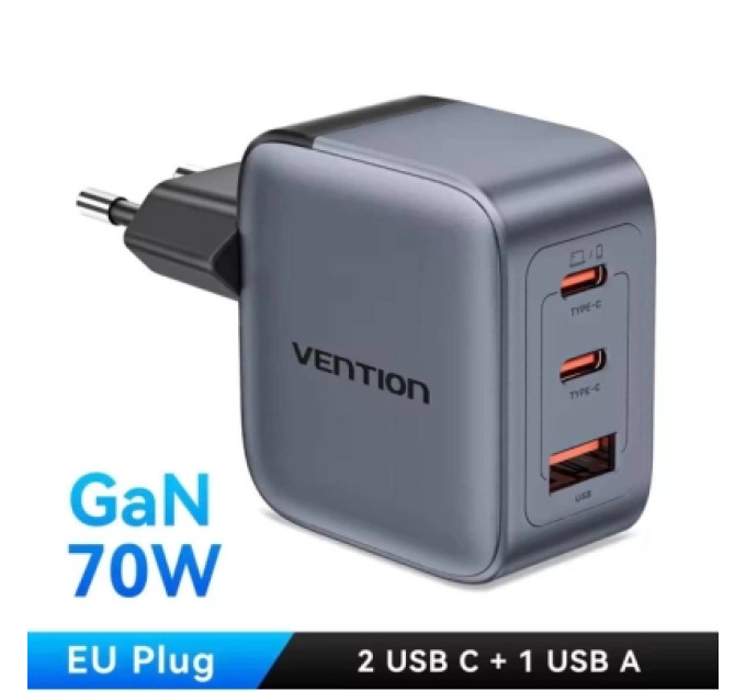 Vention Зарядний пристрій VENTION 2-Port USB (C + A) GaN Charger (70W/22.5W) with 5A USB-C to USB-C Cable (1M) EU-Plug Gray (TZ-FCGH0-EU)