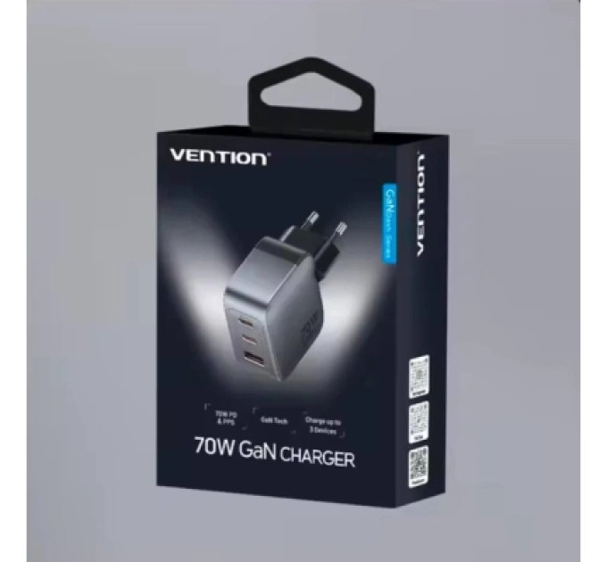Vention Зарядний пристрій VENTION 2-Port USB (C + A) GaN Charger (70W/22.5W) with 5A USB-C to USB-C Cable (1M) EU-Plug Gray (TZ-FCGH0-EU)