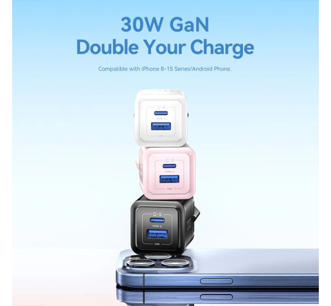 Vention Зарядний пристрій VENTION 2-Port USB (C + A) GaN Charger (30W/30W) with USB-C to USB-C Cable (1M) EU-Plug Black (TZ-FEQB0-EU-01)