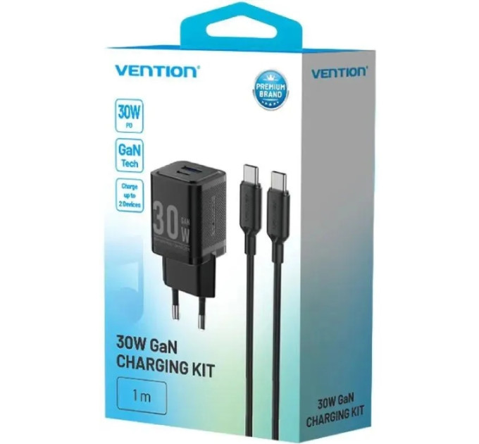 Vention Зарядний пристрій VENTION 2-Port USB (C + A) GaN Charger (30W/30W) with USB-C to USB-C Cable (1M) EU-Plug Black (TZ-FEQB0-EU-01)