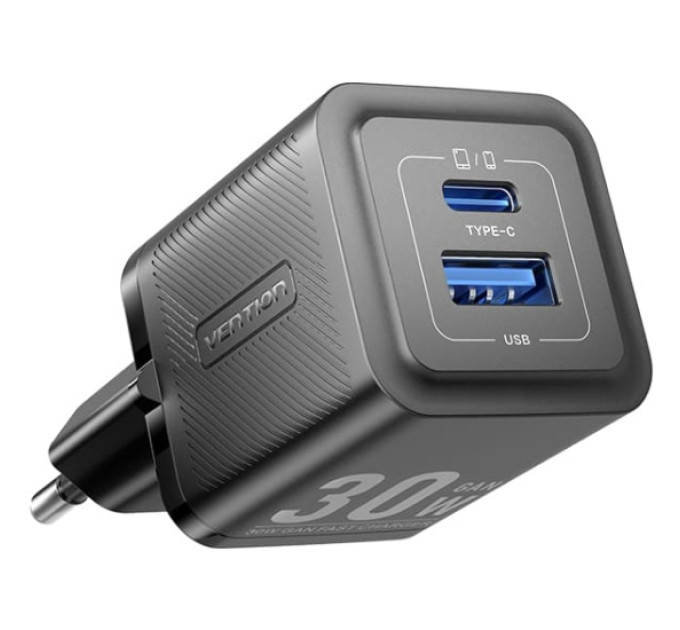 Vention Зарядний пристрій VENTION 2-Port USB (C + A) GaN Charger (30W/30W) with USB-C to USB-C Cable (1M) EU-Plug Black (TZ-FEQB0-EU-01)