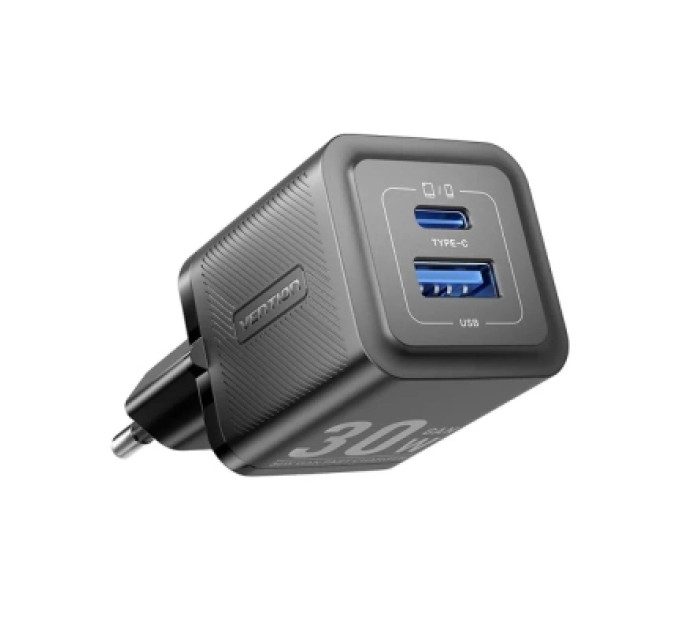 Vention Зарядний пристрій VENTION 2-Port USB (C + A) GaN Charger (30W/30W) with USB-C to USB-C Cable (1M) EU-Plug Black (TZ-FEQB0-EU-01)