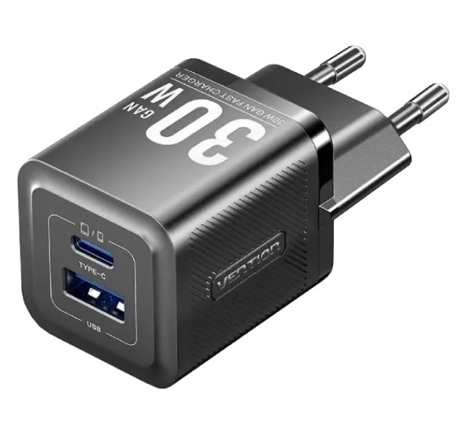 Vention Зарядний пристрій VENTION 2-Port USB (C + A) GaN Charger (30W/30W) with USB-C to USB-C Cable (1M) EU-Plug Black (TZ-FEQB0-EU-01)