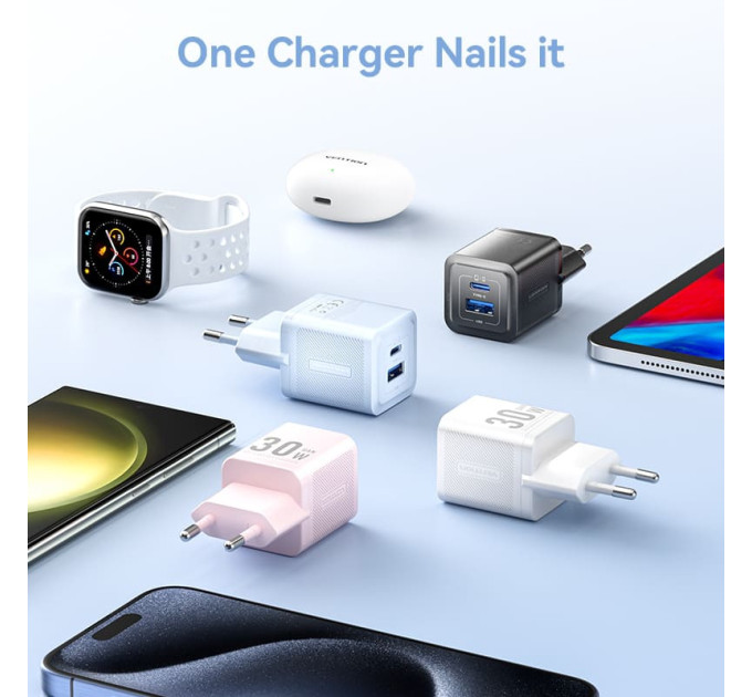 Vention Зарядний пристрій VENTION 2-Port USB (C + A) GaN Charger (30W/30W) with USB-C to USB-C Cable (1M) EU-Plug Black (TZ-FEQB0-EU-01)